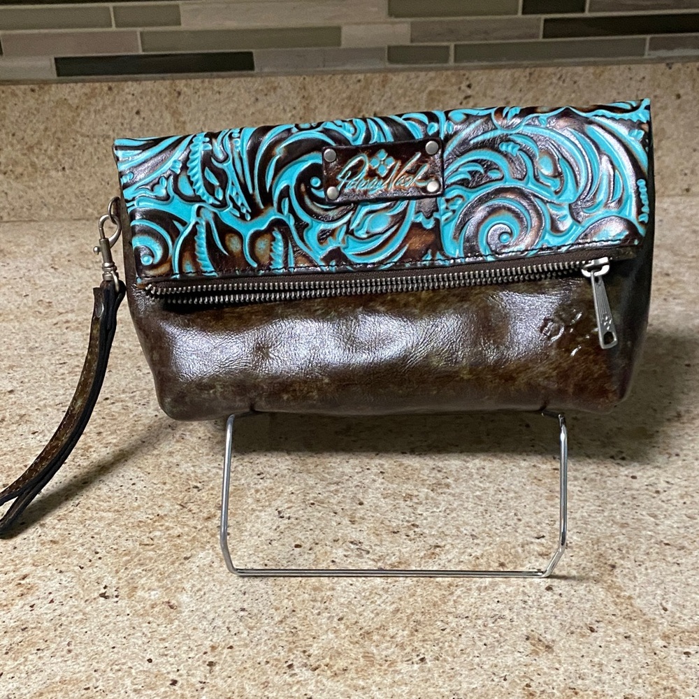 Patricia Nash Turquoise and Brown Embossed Clutch CALL OUTS
